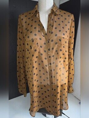 Pleione Brown Sheer Polka Dot Button-Down Blouse Size M *flaw* Work Shirt
